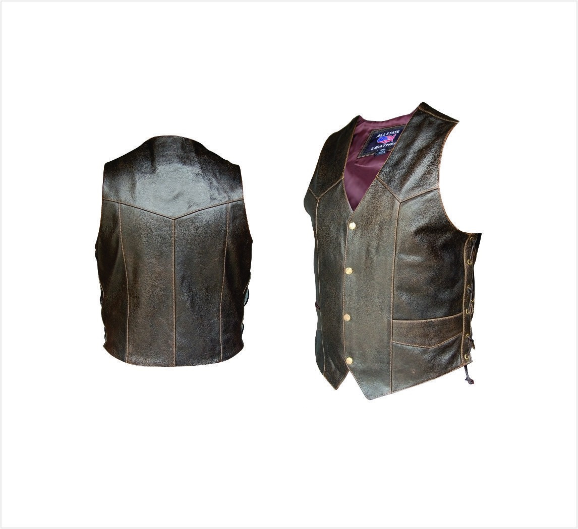 (image for) Men's Rustic Brown Buffalo Leather Vest with Side Laces